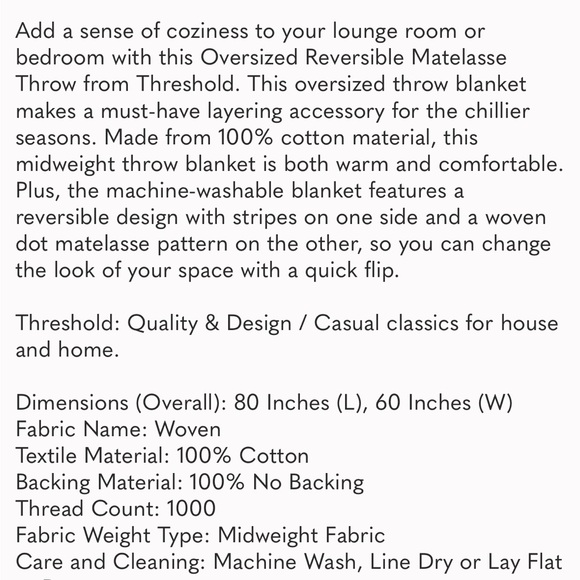 NWT Oversized Reversible Matelasse Throw Gray - Threshold - Picture 9 of 9